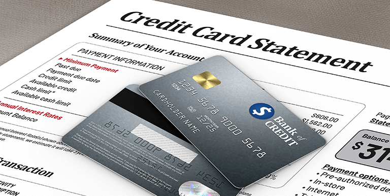 The Ultimate Guide to Outsourcing Print and Mail for Credit Unions a credit card statement with cards laying on top