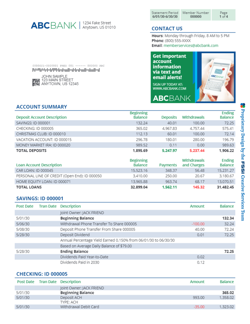 example of a bank statement processed nd mailed at fssi